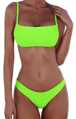 meioro Bikiniset för kvinnor push-up tanga med låg midja baddräkt bikiniset badkläder strandkläder, Ljusgrön, M