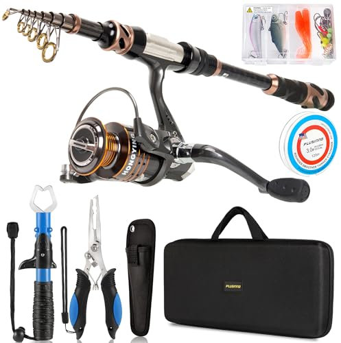 PLUSINNO Angelruten- und Rollen Kombinationen, Teleskop Angelrute aus Kohlefaser, Spinnrolle 12+1 geschirmte Kugellager aus Edelstahl