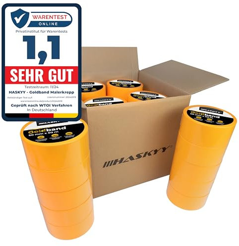 HASKYY Goldband Malerkrepp Kreppband 10x Malerband 50mm x 50m Profi Abdeckband Malertape Klebeband Washi Tape Gold Papiertape Selbstklebend