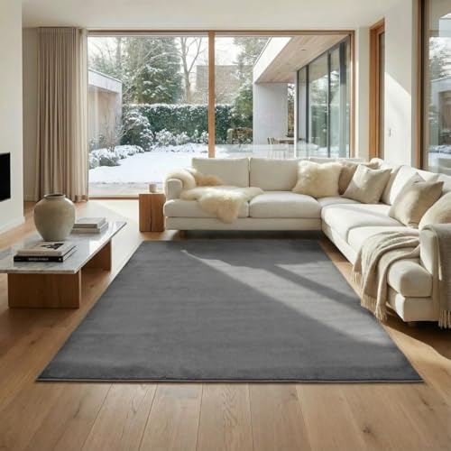 Jimri Flauschiger Teppich Läufer - Hochwertiger Kurzflor für Zuhause, Büro, Küche, Eingang, Flur, Wohnzimmer - Maschinenwaschbar - Rutschfester Teppich Waschbar - 120x160 cm - Anthrazit