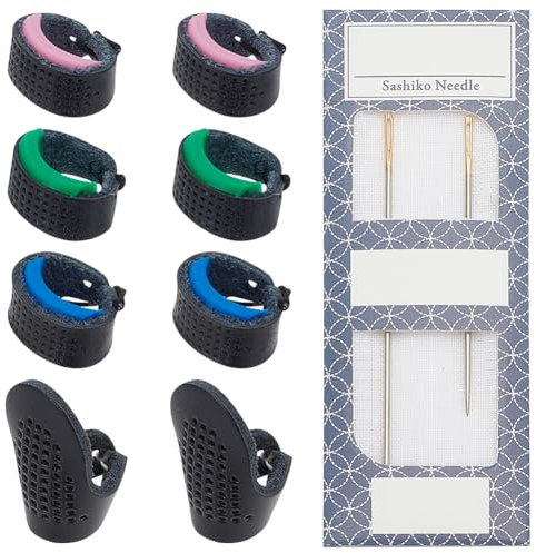 FREEBLOSS Sashiko-Nadel- Und Fingerhut-Set, Sashiko-Nähset, Sashiko-Nadel Und Verstellbarer Fingerhut Aus Leder, Japanisches Sashiko-Set, Werkzeuge, 2 Nadel Und 4 Paar Fingerhüte