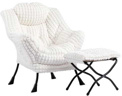 HollyHOME Fauteuil avec Repose Pied Fauteuil Relax, Fauteuil de Lecture Fauteuil Scandinave Fauteuil de Salon Fauteuil Chaise D'appoint, Peluche Blanc