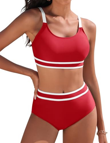 Yuson Girl Dam Baddräkt Tvådelad Push Up Vadderad BH Bikini Dam Hav Justerbar Badkläder U-ringning Randig Patchwork Bikini Hög Midja Strandbikini, Vinröd, S