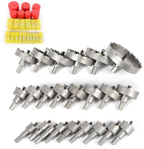 HUSPOO Juego de 23 brocas de metal duro, cortador circular de metal duro de acero inoxidable, 16-100 mm, corona de perforación, juego de brocas de carburo para acero inoxidable, hierro y cobre