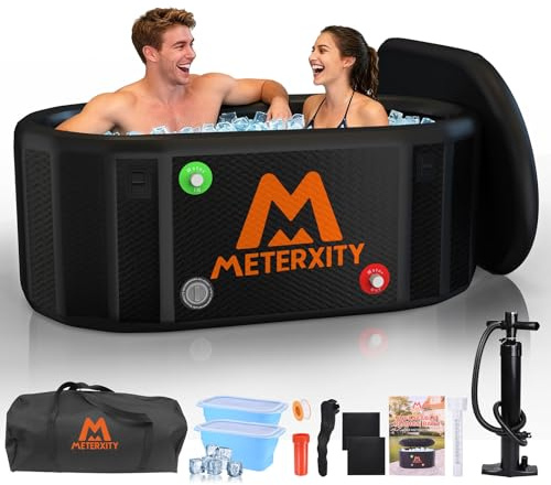 M METERXITY XXL Cold Plunge Tub for Athletes, Portable Inflatable Ice Bath Tub, Oval Cold Tub Water Chiller Compatibility, with Lid, Thermometer, Dual-Action Pump for Recovery/Outdoor/Indoor