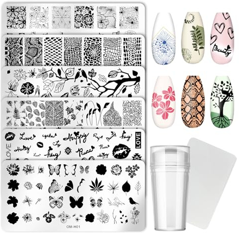Nagelstempel Schablonen 6 Stück - Blume Blatt Schmetterling Herzförmig Thema Stamping Schablonen für Nägel, Wiederverwendbar Nagel Stempel Kit mit 6 Schablone, Nail Art Stempel & Schaber