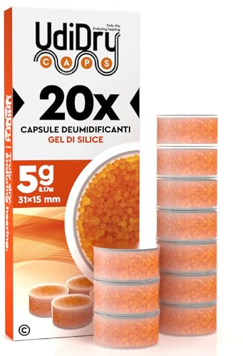 20 Capsule Deumidificanti per Apparecchi Acustici UdiDry Caps (5g) 31mm con Gel di Silice di Alta Qualità - Capsule Essiccanti con Indicatore di Colore per Asciugatura Protesi Acustiche