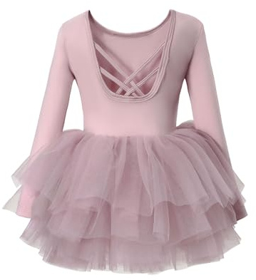 POIUIYQA Vêtements de Ballet Filles 2-10 Ans Robe de Ballet à Manches Longues Robe de Danse de Ballet pour Enfants Dos Nu Costume de Ballet en Coton Corps de Danse avec Jupe de Ballet Tutu