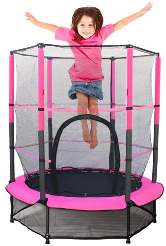 Studsmatta för barn, 140 cm med skyddsnät, robust stålram och ramskydd, för inomhus- och utomhusbruk, dragkedja från 3 år, rosa