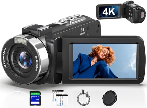 Camcorder Video Camera 4K 80MP 18X Zoom Webcam Night Vision Vlogging Camera | HD Video Recorder for Vlog/YouTube, 18X Digital Zoom, 3.0 270° Flip IPS Screen, IR Night Vision, 2 Batteries, 32GB SD Card