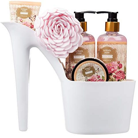 5 Piece Stylish British Rose Body & Bath High Heel Shoe Gift Set - Includes Shower Gel, Bubble Bath, Body Butter, Body Lotion and an Eva Puff