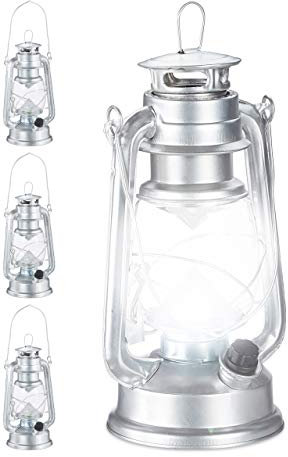 Relaxdays 4 x Sturmlaterne LED, Retro Sturmlampe als Fensterdeko oder elektrische Gartenlaterne, batteriebetrieben, Silber
