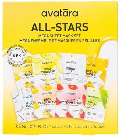Avatara All-Stars 8-Pack Facial Sheet Mask Variety Pack | Clean K-Beauty Set for Dry, Sensitive, Uneven Skin | Gentle Moisture | Fragrance-Free, Paraben-Free & Cruelty-Free Korean Masks