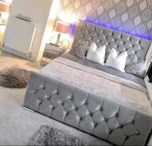 mm08enn ATN Diamante Upholstered Bed Frame Single/Double/King Size in Soft Plush Fabric (Silver Plush Fabric, 3ft Single)