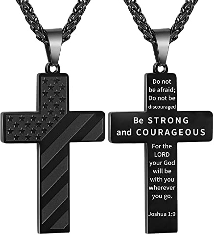DuoDiner Graduation Gifts-Cross Necklace for Men Boys Black Pendant Chain American Flag Baptism Religious Christian First Communion Confirmation Jewelry Gifts for Him Teenage Boys（Joshua 1:9 ）