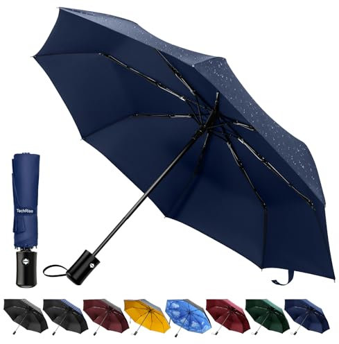 TechRise Regenschirm, klassisch, winddicht, automatisch, zusammenklappbar, kompakt, mit einem Knopf, automatisches Öffnen und Schließen – Blau, blau