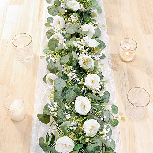 TOCHGREEN Paquete de 2 guirnaldas de Flores de eucalipto Artificiales de 13 pies con Rosas Blancas, Guirnalda de Flores de Rosas Falsas para decoración de Bodas, decoración del hogar, Fiesta, Camino