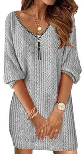 Onsoyours Robe Femmes Casual Long Tops Automne Hiver Fermeture Éclair Manches Longues Pullover Tunique Ample Couleur Unie Mini Sweat Décontracté De Soirée A Gris M