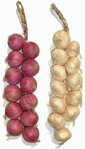 Generico Coppia di Treccie di Cipolla E Aglio Finti Misura 45 Cm per 2 Porta Fortuna