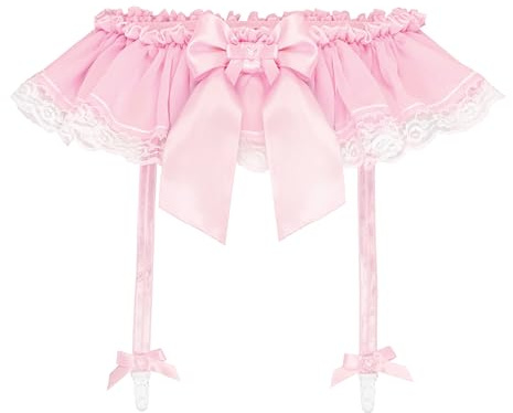 Satini Con volant Pizzo Femminuccia Chiffon trasparente Giarrettiera Reggicalze cintura Lingerie Mutandoni (Rosa pastello, XL)