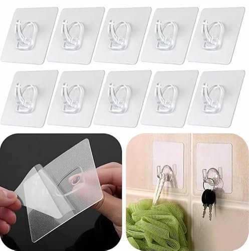 Volunx 10 PCS Heavy Duty self Adhesive Clear Hooks Clear Waterproof 15kg 33lb Plastic Strong Sticky Hook for Bathroom Kitchen Wall Door Metal, Tiles, Wood, Ceramic to Make Garland