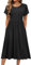 HOTOUCH Dress for Women Elegant Tunic Dress Round Neck Casual Dresses Short Sleeve Puff A Line Dresses Classic Midi Dress with Pockets Black L
