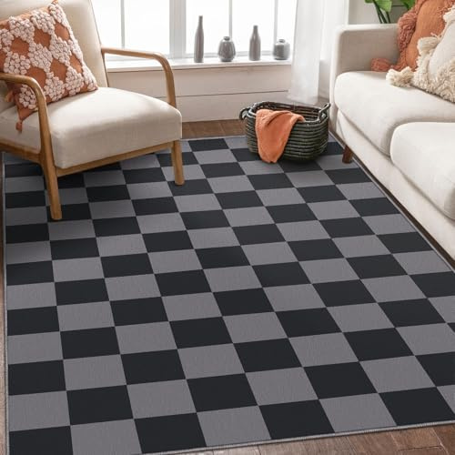 SOANNY Teppich Wohnzimmer Kurzflor, super weich, modernem Karomuster, waschbar & rutschfest, für Wohnzimmer, Schlafzimmer, Kinderzimmer, Bettvorleger, Schwarz-Grau, 90x150 cm
