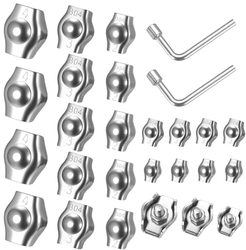 25 PcsWire Clamps, Wire Rope Clamps, M2 M3 M4 Bolt Wire Rope Single Clips Thimbles, 304 Stainless Steel Cable Clamps Cable Clips for Washing Line Clothesline Fence Awning Fixed Tensioner + 2 Wrench