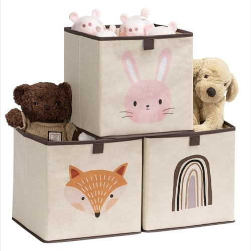 Navaris 3x Spielzeugkiste Aufbewahrungsbox Kinder - 28x28x28cm - Aufbewahrung Kinderzimmer - Aufbewahrungsbox Kinderzimmer Boxen Kinder - Toy Box Spielkiste - Tier Motiv Hase Fuchs