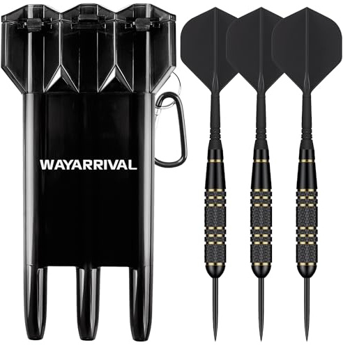 WayArrival Professional Steel Tip Darts Set - 23g Total Weight (21g Brass Barrels) with Integrated One-Piece Flight and Shaft System, 3 Metal Darts, Sharpener & Carrying Case for Adults