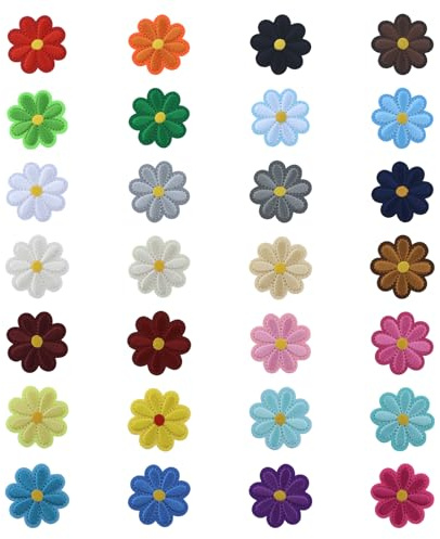 28 Pezzi Toppe termoadesive con margherite,Toppe Termoadesivi Fiore Adesive,Patch Fiori Margherita Toppe,Mini Colorato Toppa Ricamata Termoadesiva,per Zaini,Giacche,Jeans