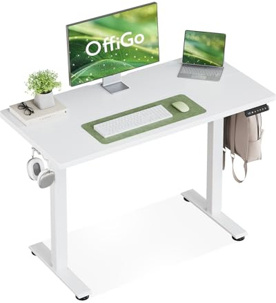 OffiGo Standing Desk, Small Height Adjustable Desk with 3 Memory Heights | 100cm Electric Sit Stand Table for Home Office Workstation, Compact Rising Computer Table for Small Spaces, White