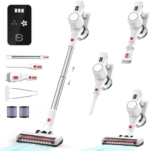 Syntecno Aspiradora sin Cable Vacuum Cleaner - 3 en 1 Aspirador Vertical sem Fios con Luz y Pantalla Escoba Electrica sin Cable Aspiradores para Mascota Alfombra Suelo Duro