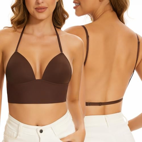 BUBBLEFOX Reggiseni a Schiena Bassa-Reggiseni Senza Schiena a Forma di U con Ferretto Senza Cuciture-Reggiseni Multiway Bretelle per Donna(Dark Brown, 3D)