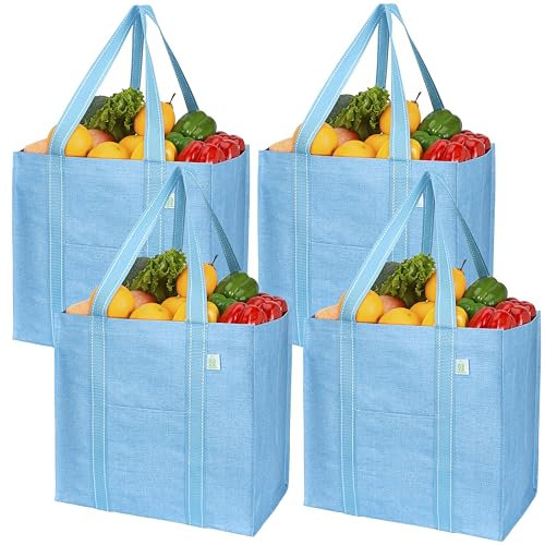 VENO 4 Pack Reusable Grocery Shopping Bag w/Hard Bottom and Handle, Heavy Duty Tote Bag for Life w/Front Pocket, Beach Bag,Trolley Shopper Bag, Multi-Purpose Water-Resistant(Cyan, 4 Pack)