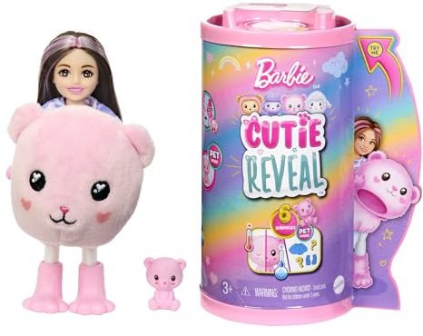 Barbie Cutie Reveal Puppe - 6 Überraschungen, Plüschtierfreunde, Moden, Farbwechselspaß, Pinker Plüschteddybär, Chelsea-Puppe, Accessoires, für Kinder ab 3 Jahren, HKR19
