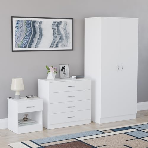Vida Designs Riano 3 Piece Bedroom Furniture Set - 1 Drawer Bedside Chest, 4 Drawer Chest, 2 Door Wardrobe - White