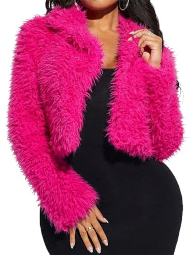 RED DOT BOUTIQUE 693 - Plus Size Crop Bolero Jacket Open Front Collar Long Sleeves Fuzzy Faux Fur Coat (Crop Hot Pink, XL)