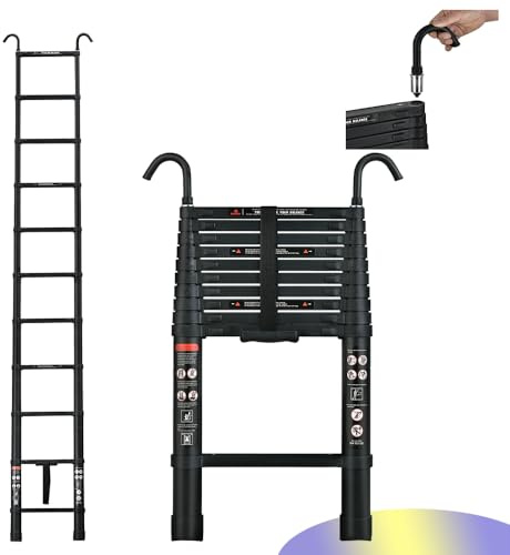 Telescopic Ladder 3.2M Aluminum Telescoping Ladder with Non-Slip Feet, Multi-Purpose Extension Straight Ladder with 2 Hook, Max Load 150kg/330lbs, EN131, Black