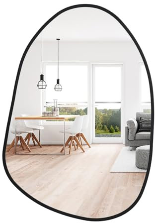 Warmiehomy Bathroom Mirror Irregular Asymmetrical Mirror with Black Frame Wall Mounted Pebble Mirror for Living Room, Bathroom, Bedroom, Entryway Wall Decor 51x75cm