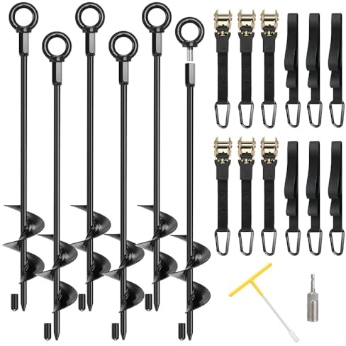 Fuuner Trampoline Anchors, 6 Pack 18 RV Awning Tie Down Kit with6 Ratchet Straps, Heavy Duty Screw-in Stakes for Trampolines, RV Awnings & Swing Sets