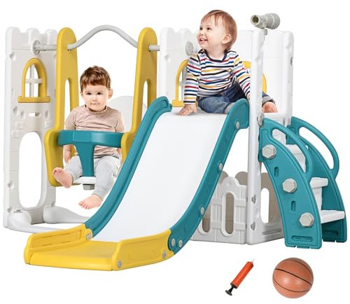 AIYAPLAY Tobogán Infantil 6 en 1 Parque Infantil con Columpio y Tobogán Telescopio Aro de Baloncesto Espacio de Almacenamiento para Interior Multicolor