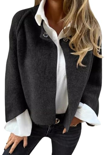 Onsoyours Damen-Mantel Mit Rundhalsausschnitt Wolle Langärmelig Herbst Und Winter Warme Croppedjacke Trendig Kurz Wollmäntel Damen A Schwarz S