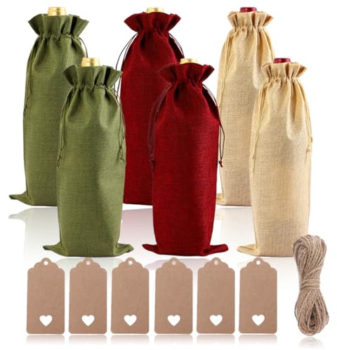 BQRKOTM Borsa Porta Bottiglie di Vino in Juta, 750ml Sacchetti per Bottiglie di Vino Bianchi, 6 Pezzi Sacchetti Regalo per Bottiglie Mini, Sacchetto Bottiglie Vino, per Feste, Weihnachten,Geschenke