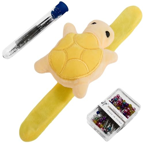 Turtle-Shaped Wrist Pin Cushion for Sewing, Snap Bracelet Wrist Bands Pincushion Organizer for Pins and Needles Include 80 Pearl Ballhead Pins and 18 Sewing Needles, Yellow