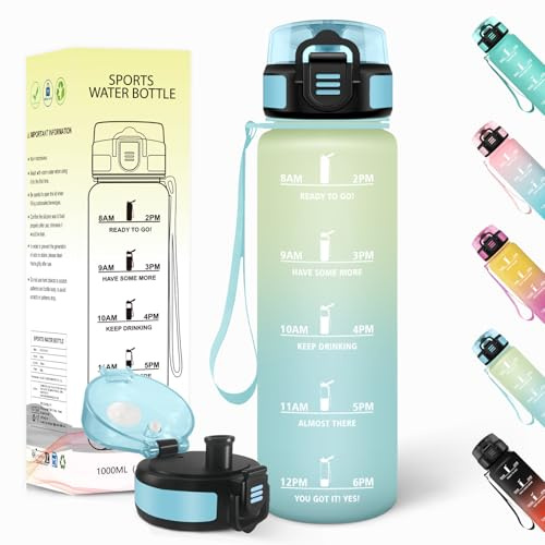 Baramumu Borraccia 1 litro,Riutilizzabile, Borraccia Motivazionale, a Prova di Perdite, Bottiglia Acqua, Senza BPA, Borracce, per Ciclismo, Palestra, Sport, Ufficio, Bianco-Azzurro