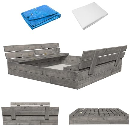 MAMOI Caja de Arena con Tapa, 120 x 120 cm, Caja de Arena impregnada, Caja de Arena con Bancos de Madera, Juguetes, Cubierta, Bancos, 150 x 150 cm