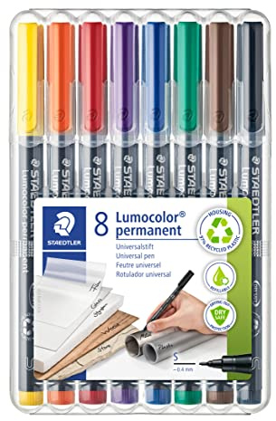 STAEDTLER permanent Marker Lumocolor, Superfein, ca. 0,4 mm, wisch- und wasserfest, Made in Germany, nachfüllbar, lange Lebensdauer, 8 Universalstifte in sortierten Farben, 313 WP8, Schwarz