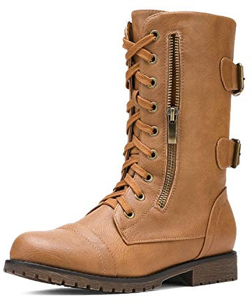 DREAM PAIRS Women's Combat Boots, Mid Calf Built-in Wallet Pocket Lace up Military Ankle Booties,Size 7.5,Classic Camel,TERRAN