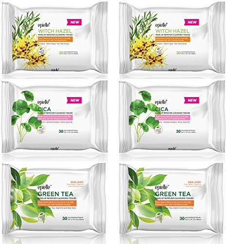 Epielle Makeup Remover Wipes, Remove Dirt, Oil, Waterproof Mascara, Gentle Daily Facial Cleanser Towelettes with Witch Hazel, Cica & Green Tea, Stocking Stuffers, 30 Count (Pack of 6)